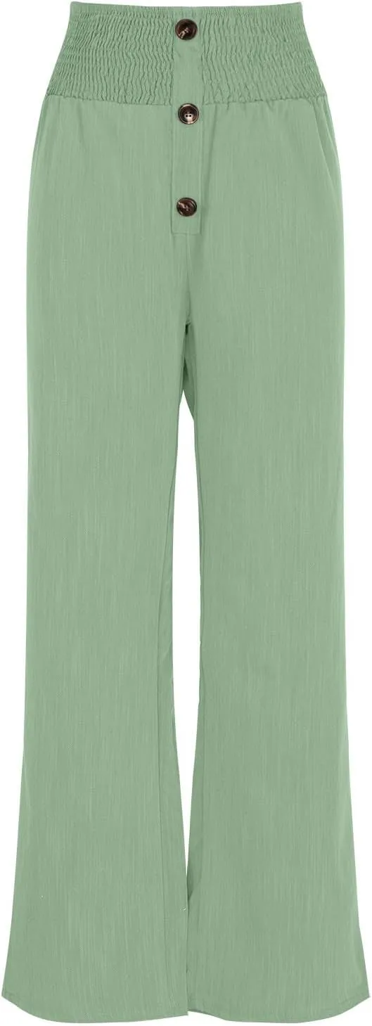 Women Flowy Palazzo Pants Cotton Linen Wide Leg Pant Long Lounge Beach Slacks Smocked High Waist Button Trousers