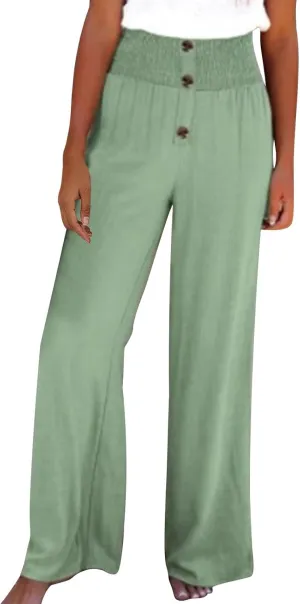 Women Flowy Palazzo Pants Cotton Linen Wide Leg Pant Long Lounge Beach Slacks Smocked High Waist Button Trousers