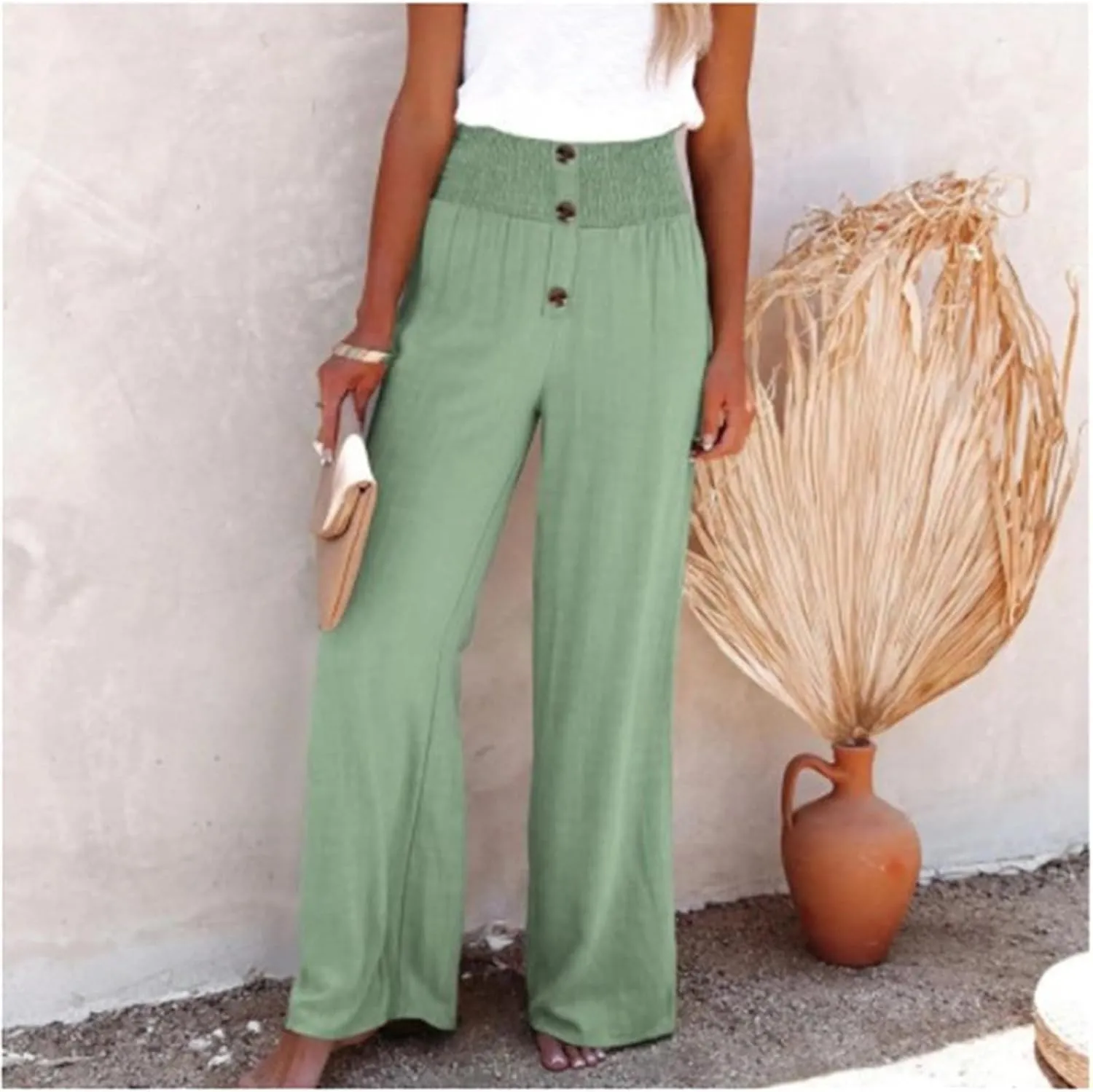 Women Flowy Palazzo Pants Cotton Linen Wide Leg Pant Long Lounge Beach Slacks Smocked High Waist Button Trousers