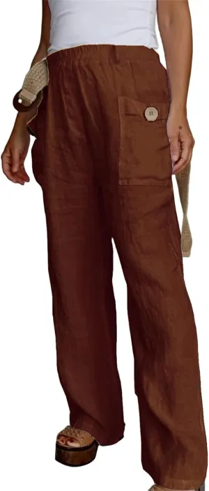 Womens Linen Pants with Pockets Loose Elastic High Waisted Wide Leg Comfy Pant Summer Casual Loose Outdoor Trousers