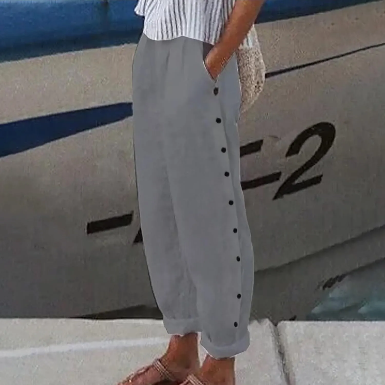 Womens Pants, Linen Print Straight Leg Peasant Pants Casual Cotton High Waist