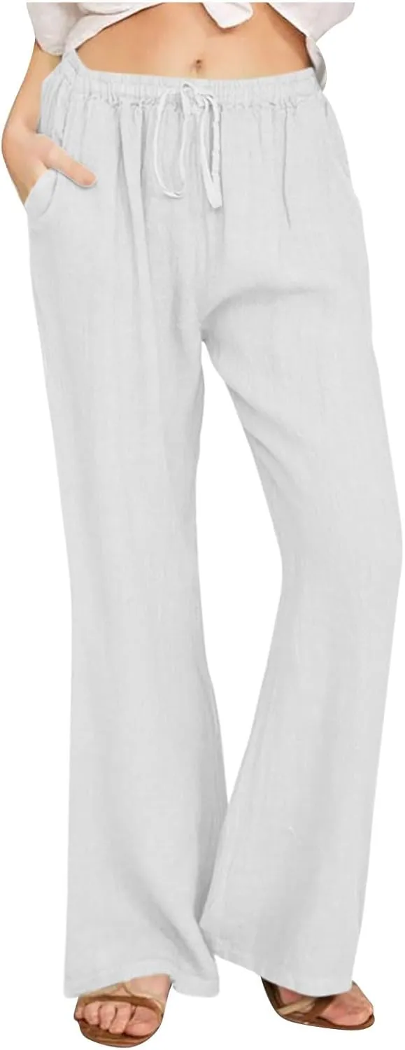 Womens Wide Leg Palazzo Pants Cotton Linen Elastic High Waist Pull-On Summer Casual Trousers with Pockets